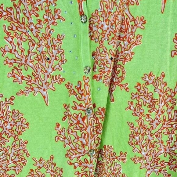 Quacker Factory Rhinestones Button Front Short Sleeve‎ Cardigan Green Orange 1X - Picture 4 of 11